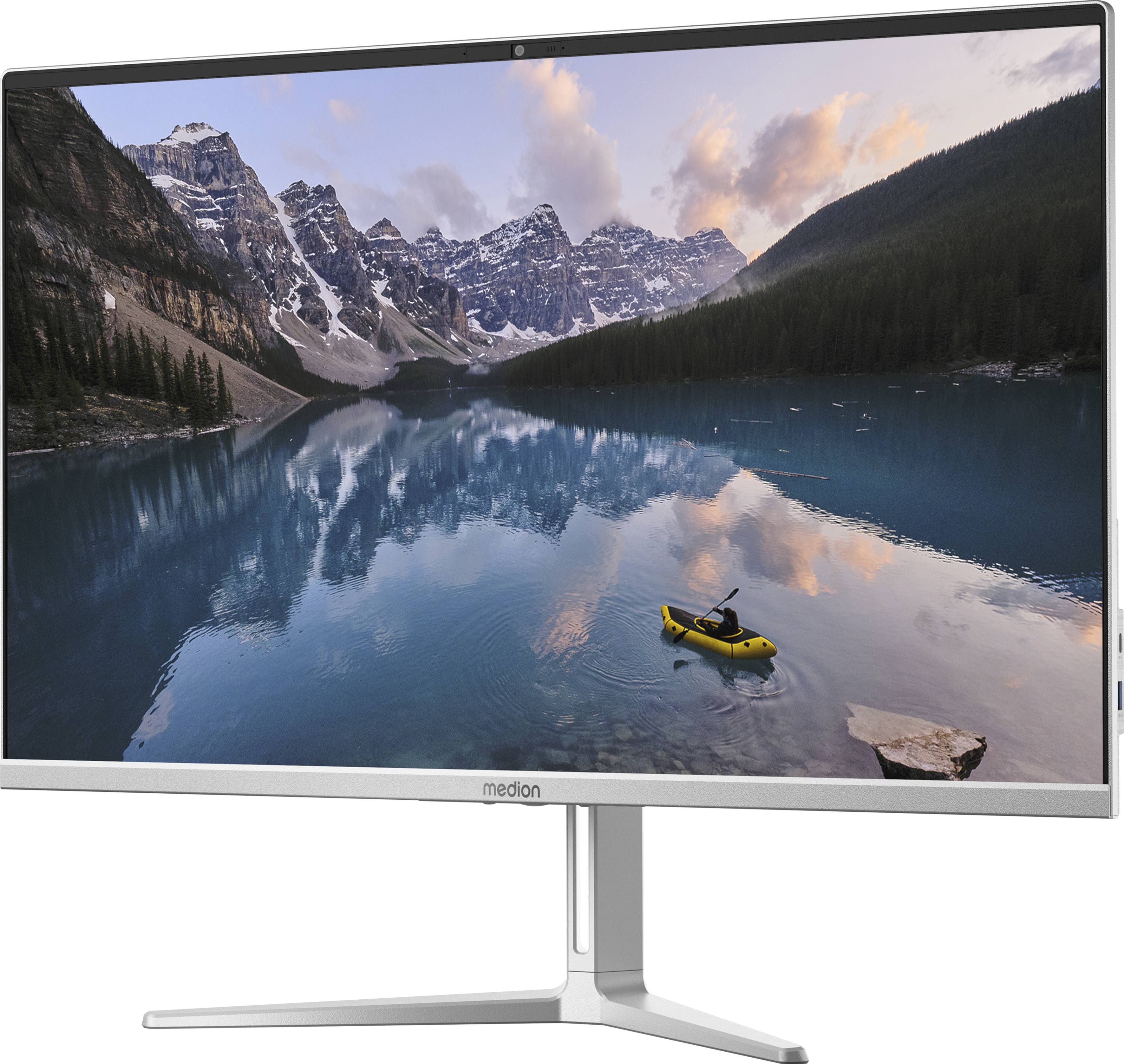 Ein Computermonitor, der eine Bergsee-Landschaft mit einem gelben Kajak zeigt.