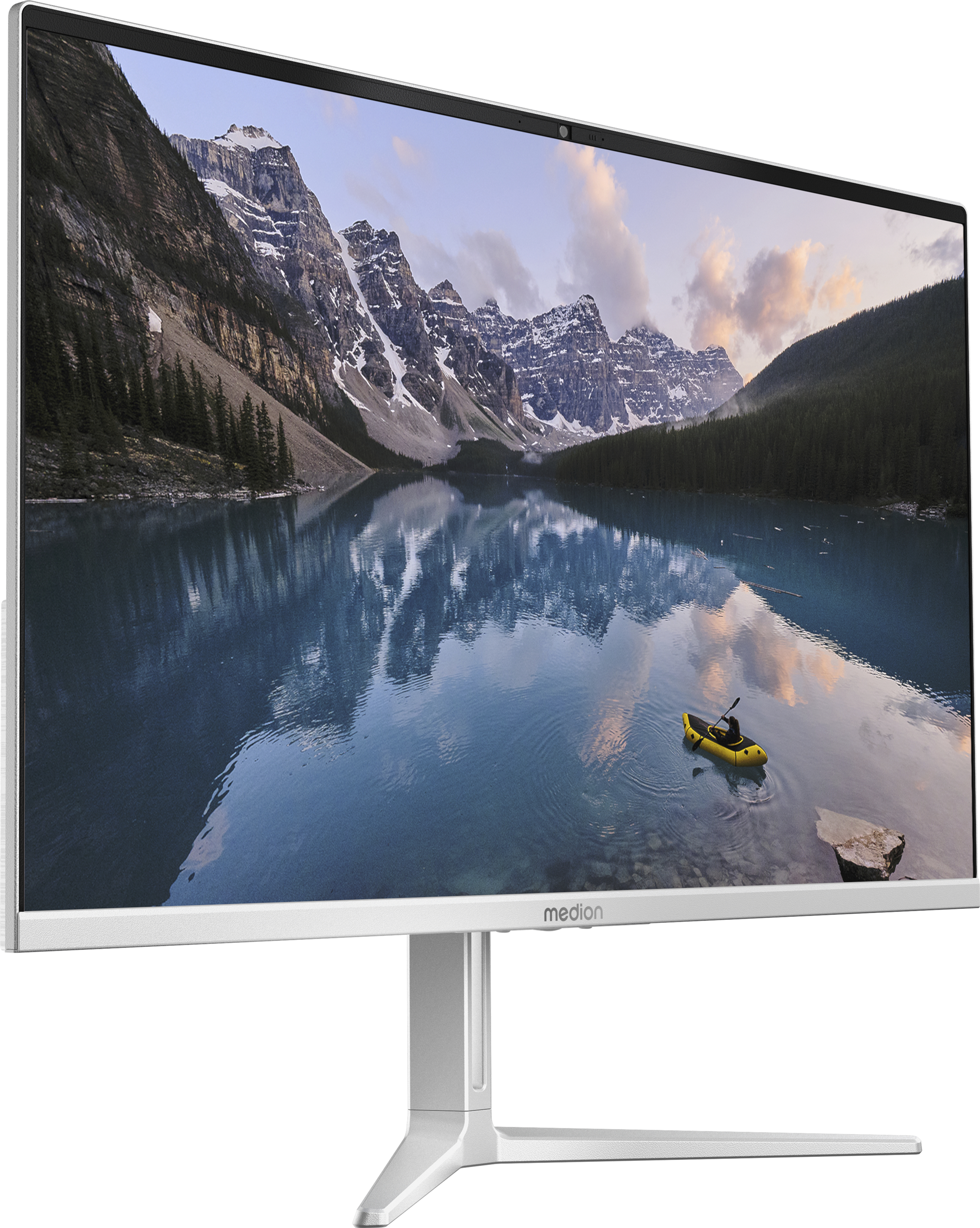 Ein weißer Medion-Monitor zeigt eine malerische See- und Berglandschaft mit einem gelben Kajak. Weißer Hintergrund.