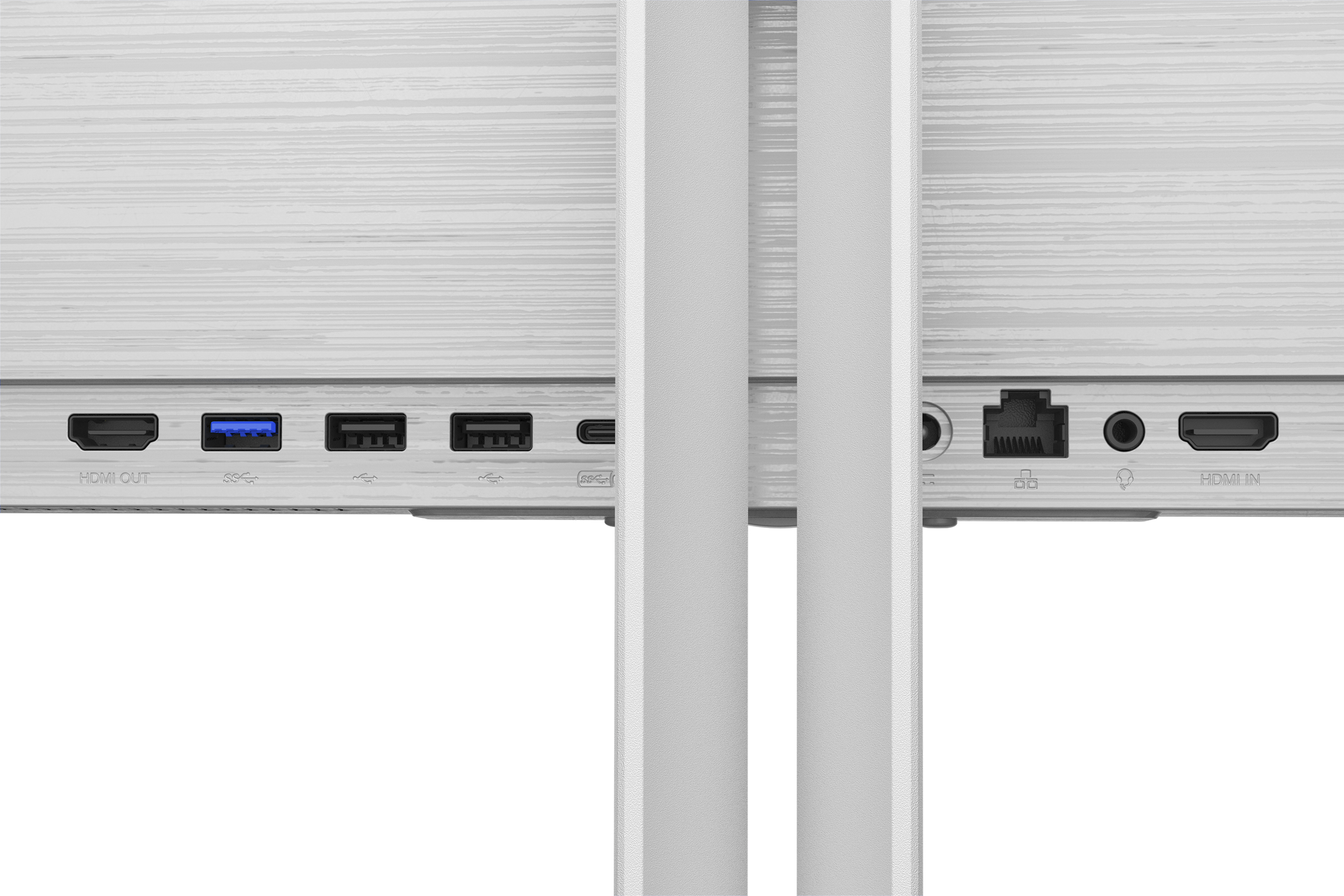 Die Rückseite eines Monitors mit verschiedenen Anschlüssen auf weißem Hintergrund. HDMI, USB und Audioanschlüsse sind zu sehen.