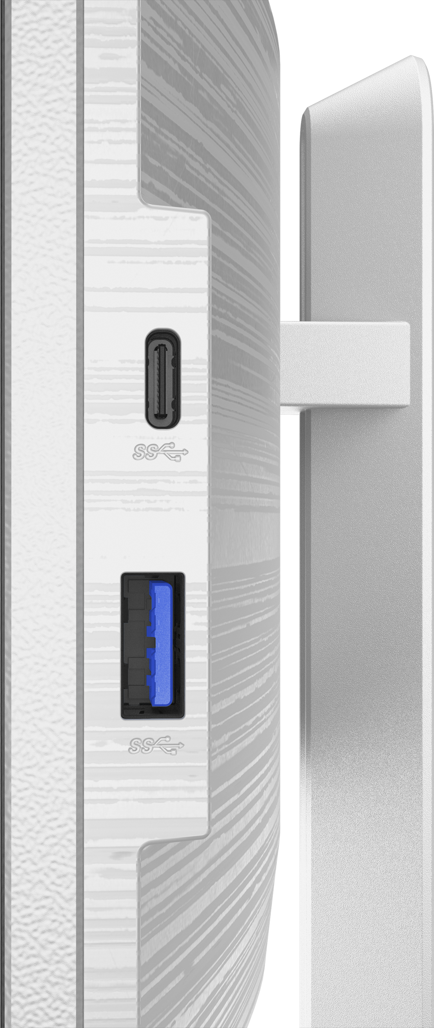 Seitenansicht eines Monitors mit Anschlüssen. Er hat einen USB-C- und einen USB-Anschluss.
