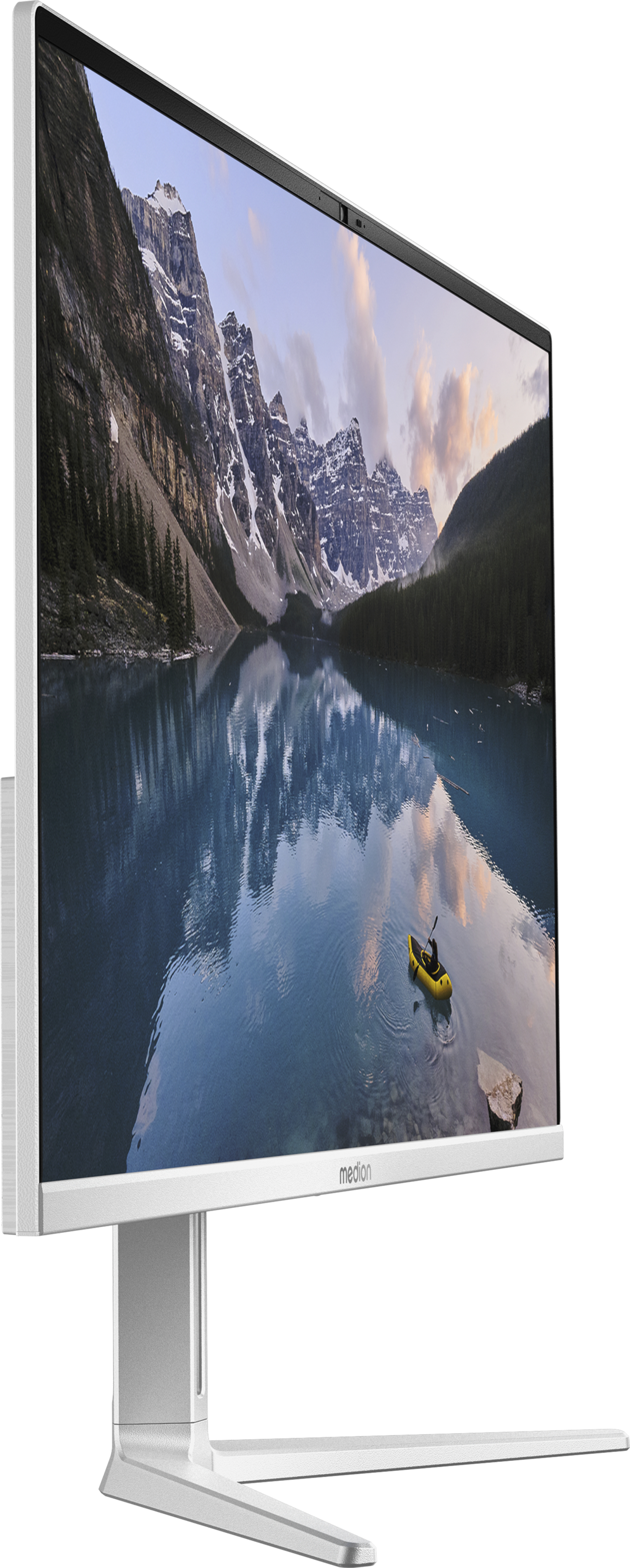 Ein weißer Computermonitor zeigt eine malerische Landschaft mit See und Bergen.