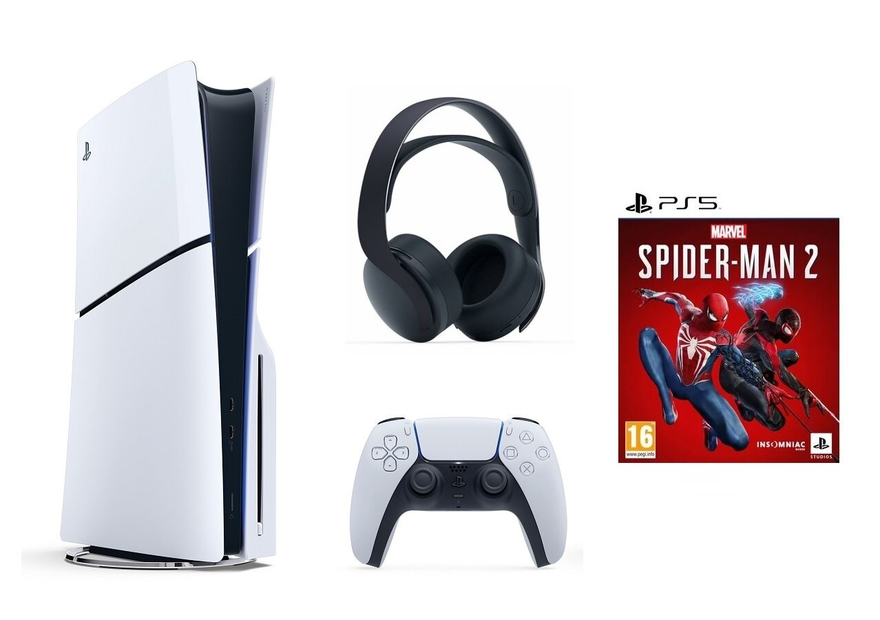 Konsola PS5, kontroler, zestaw słuchawkowy i pudełko z grą Spider-Man 2. Białe tło.