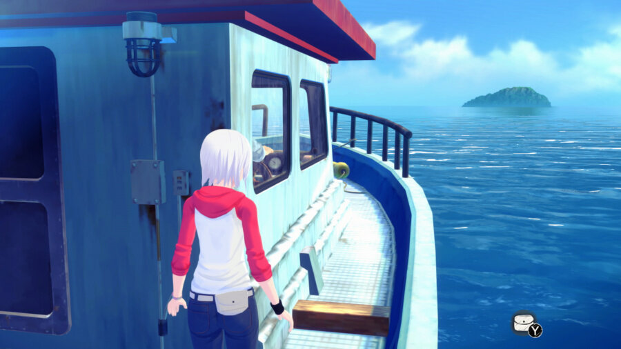 Osoba na łodzi, patrząca na wyspę na morzu, z zachmurzonym niebem w tle.