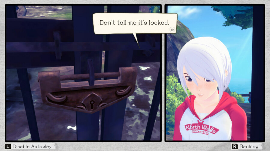 Panel komiksu: dziewczyna w czerwonej bluzie z kapturem, zamek i dymek.