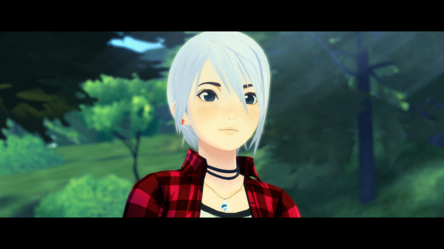 Dziewczyna z anime z białymi włosami, czerwoną koszulą w kratę w lesie.