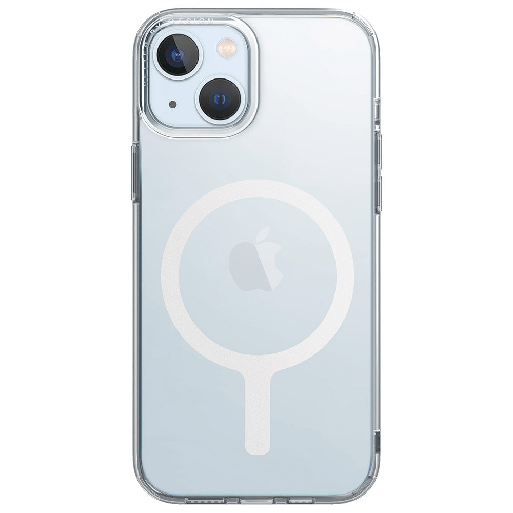 Przezroczyste etui na telefon z białym logo Apple. Ma pierścień MagSafe i wypukłość aparatu.