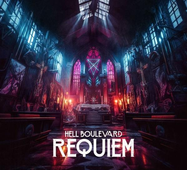 Dunkle Kirche mit Buntglasfenstern, Kerzen, Kreuzen und dem Text 'HELL BOULEVARD REQUIEM'.