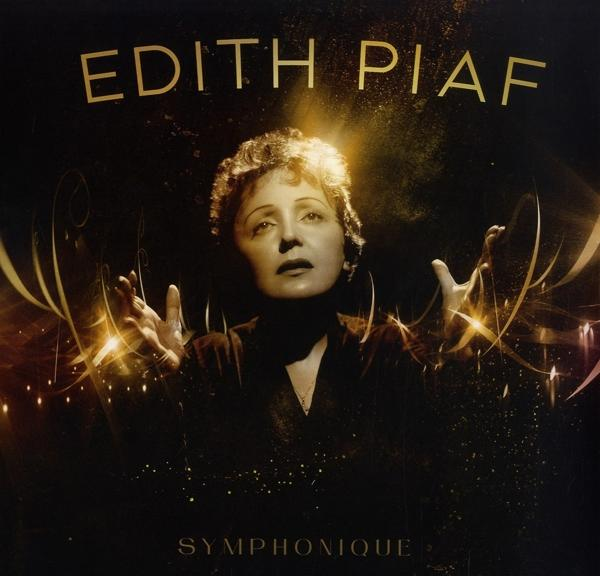 Edith Piaf lemezborító. Az énekesnő portréja felemelt karokkal, arany fényekkel és szöveggel.