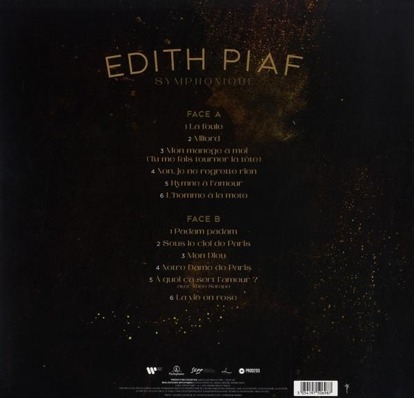 Edith Piaf Symphonique vinil hanglemez borítója. Dalszövegek, kreditek és logó sötét háttéren.