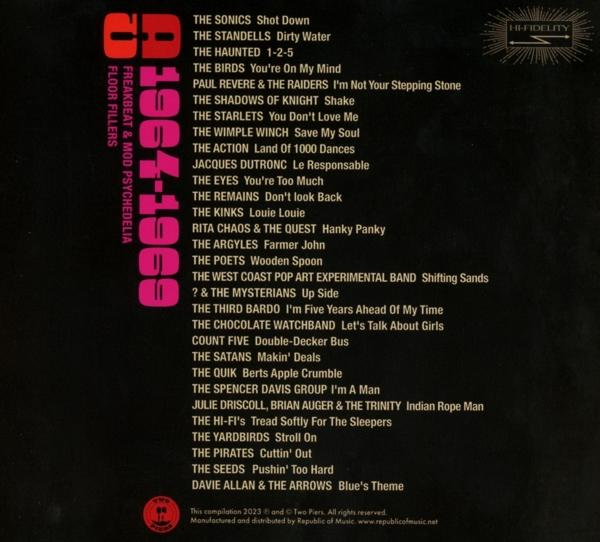 Albumcover mit pink-lila Titel. Songtitel-Listen und verschiedene Künstler von 1964-1969.