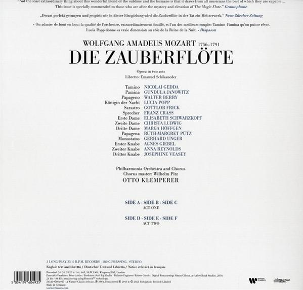 Albumcover der Oper Die Zauberflöte von Mozart. Titel und Besetzungsliste werden angezeigt. Weißer Hintergrund.