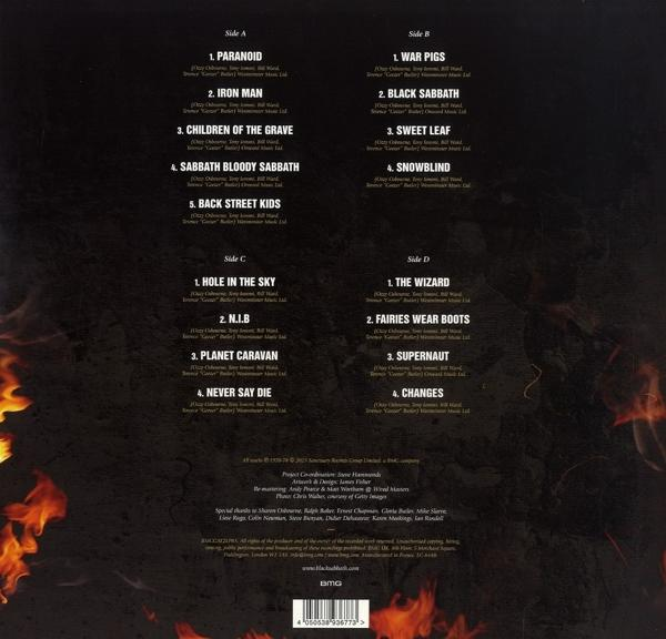 Albumhoes vermeldt nummers: Paranoid, Iron Man, War Pigs, Black Sabbath, Children of the Grave, Sweet Leaf, etc. met vlammen.