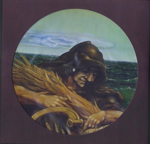 Kreisförmiges Albumcover, Mann hält Weizen, Wellen und Himmel im Hintergrund. Brauner Rahmen.