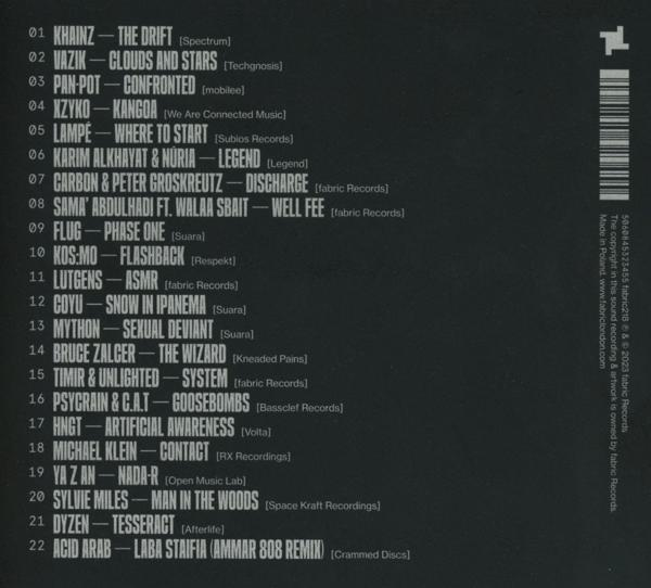 Rückseite eines CD-Covers mit Titeln und Künstlernamen in weißer Schrift auf dunklem Hintergrund.