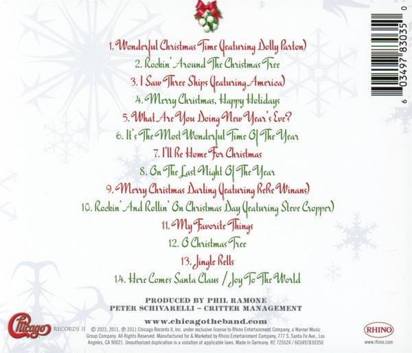 Rückseite eines Weihnachtsalbums mit Songtiteln, Schneeflocken und dem Rhino-Logo.