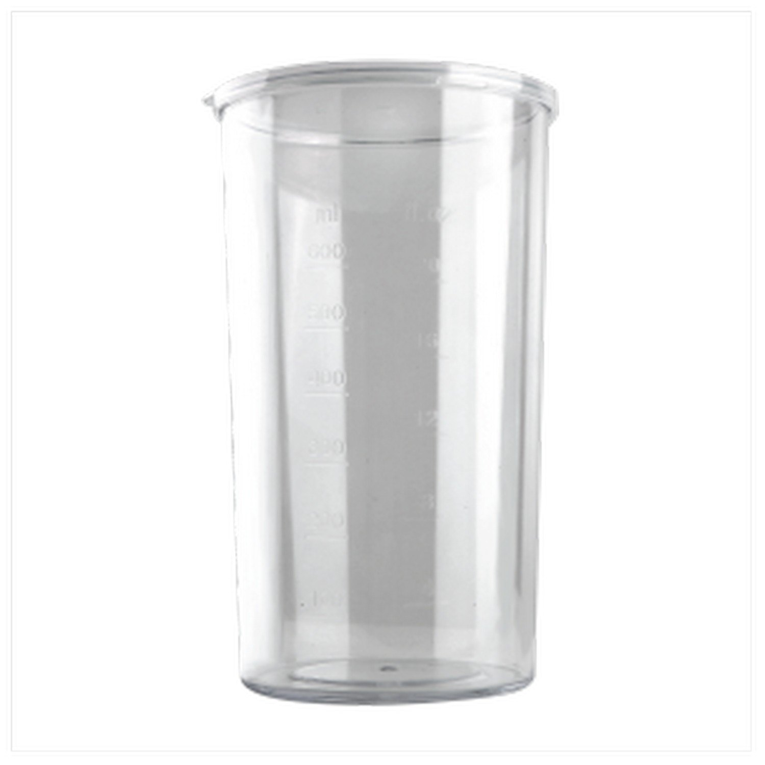 Een doorzichtige plastic blendercontainer met meetmarkeringen aan de zijkant.