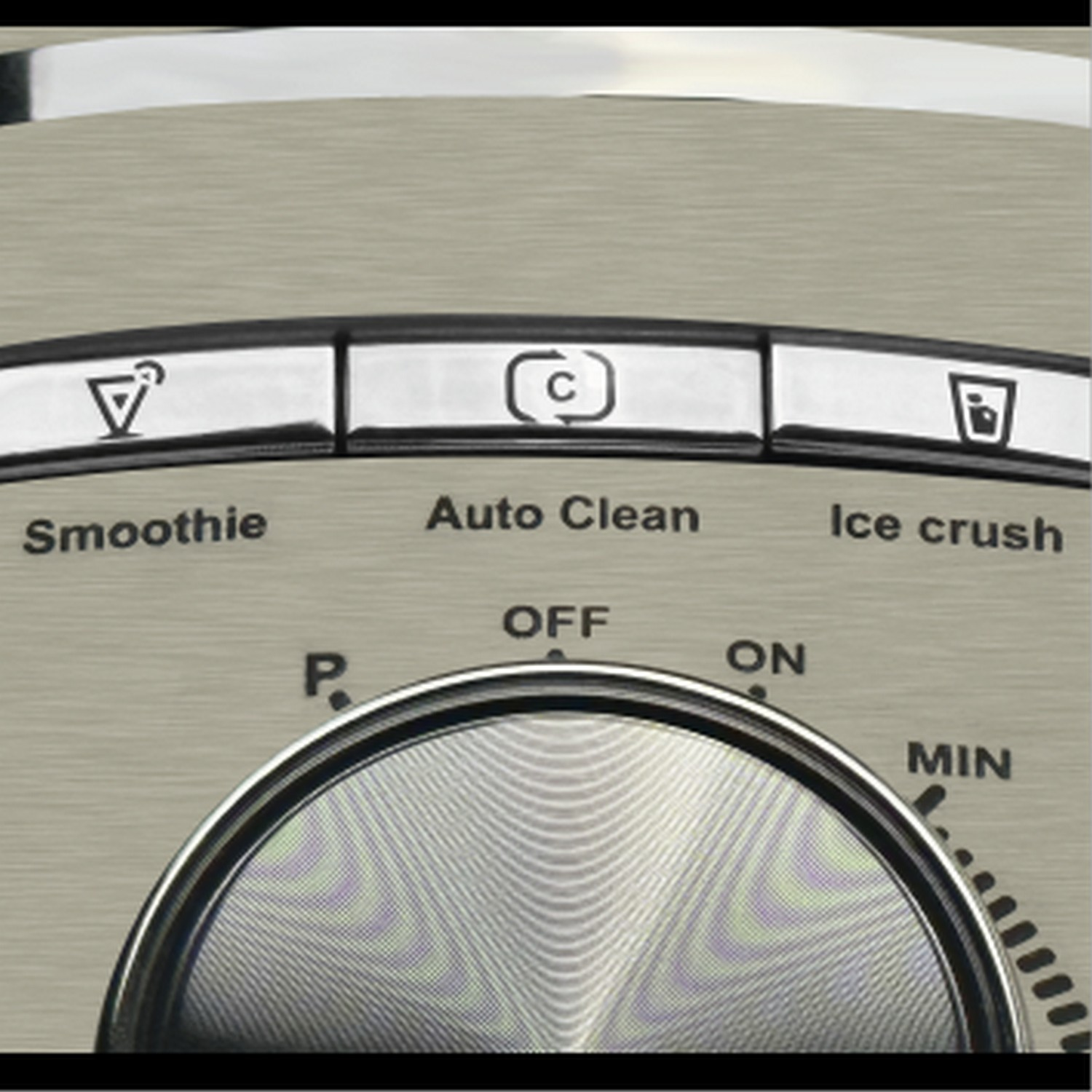 Close-up of a blender control panel, with buttons for smoothie, auto clean, and ice crush.