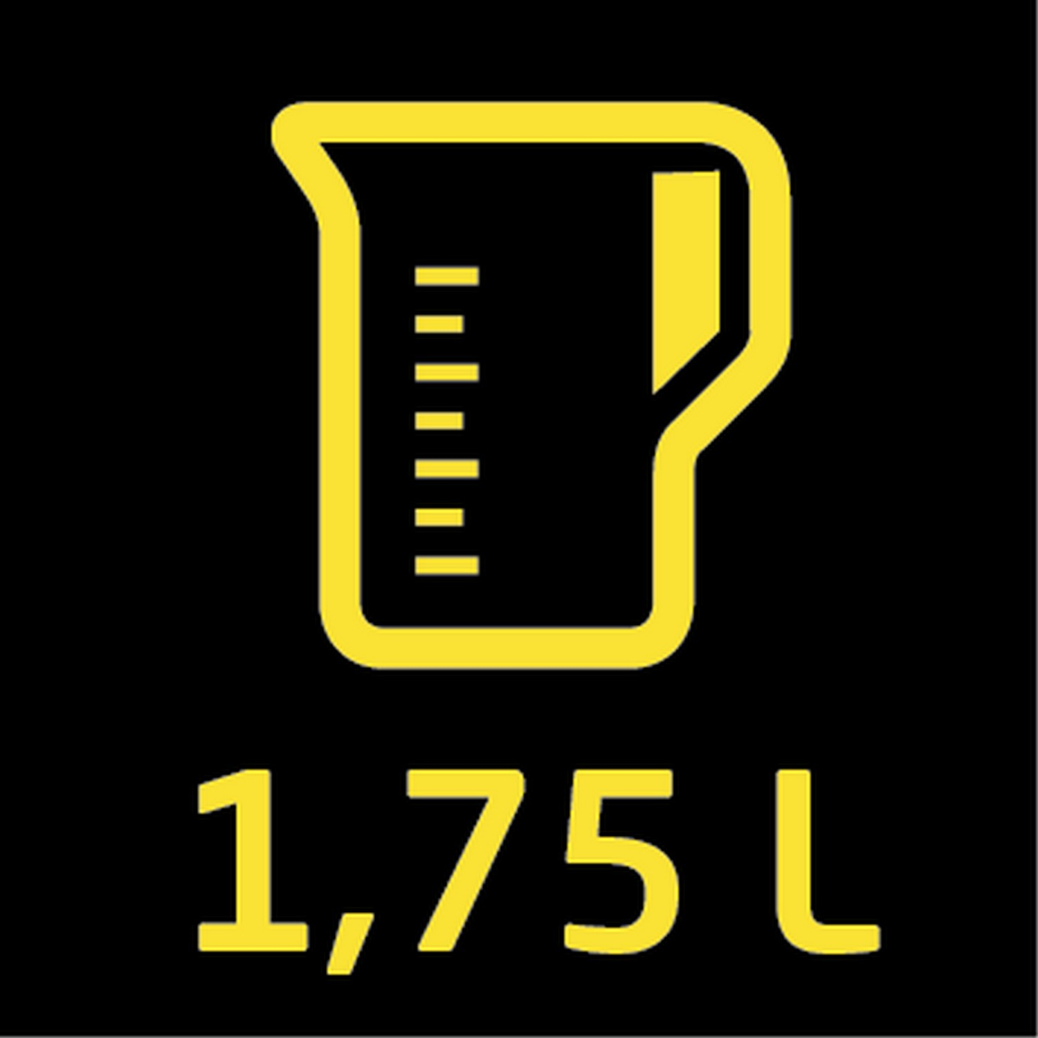 A yellow measuring cup graphic with a black background. The volume is 1.75L in yellow text below.