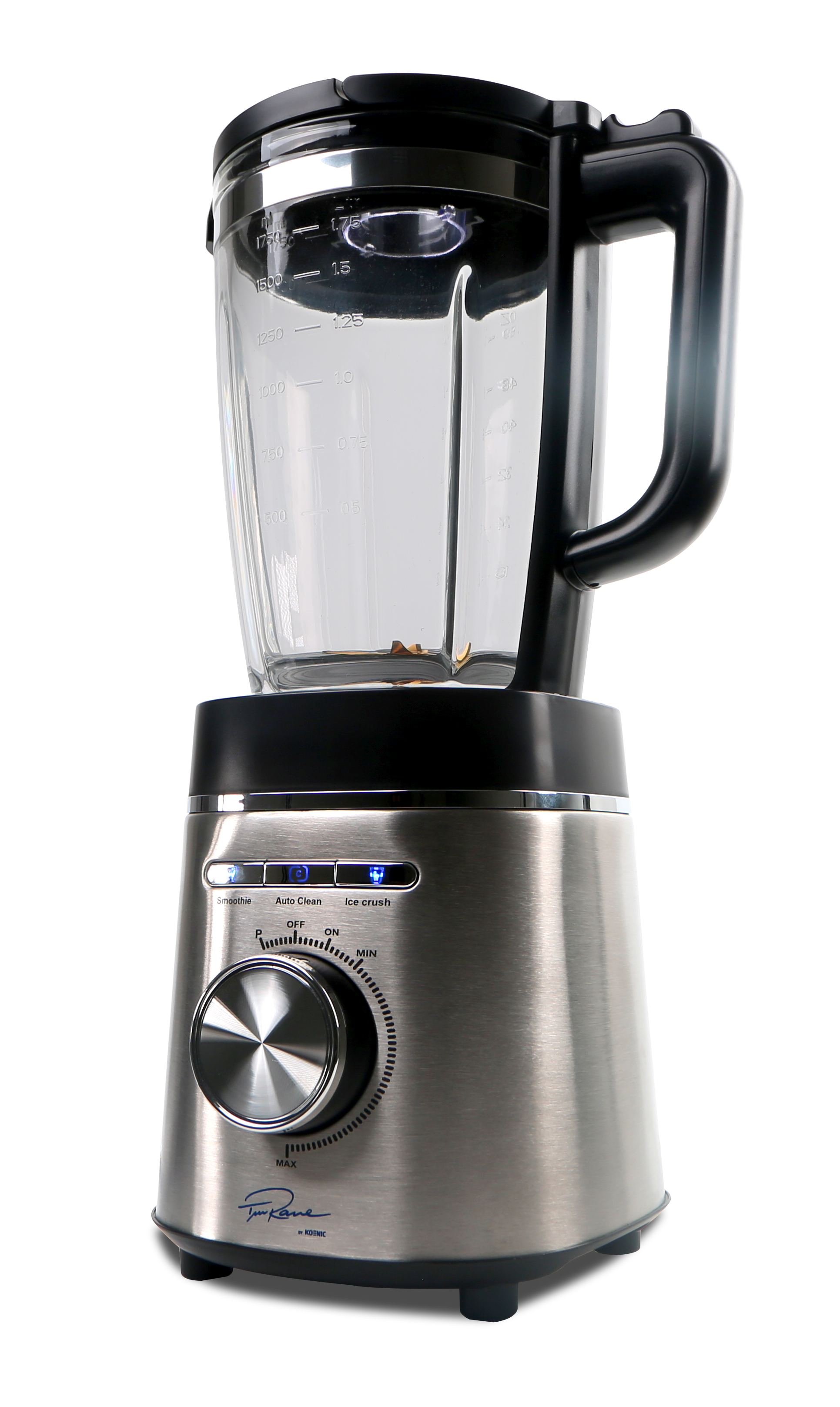 Ein Edelstahl-Mixer mit einem Glasbehälter und einem schwarzen Deckel. Er hat Knöpfe und einen Drehknopf. Schwarz.