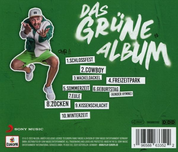Die Rückseite eines Albums mit grünem Design und Trackliste.