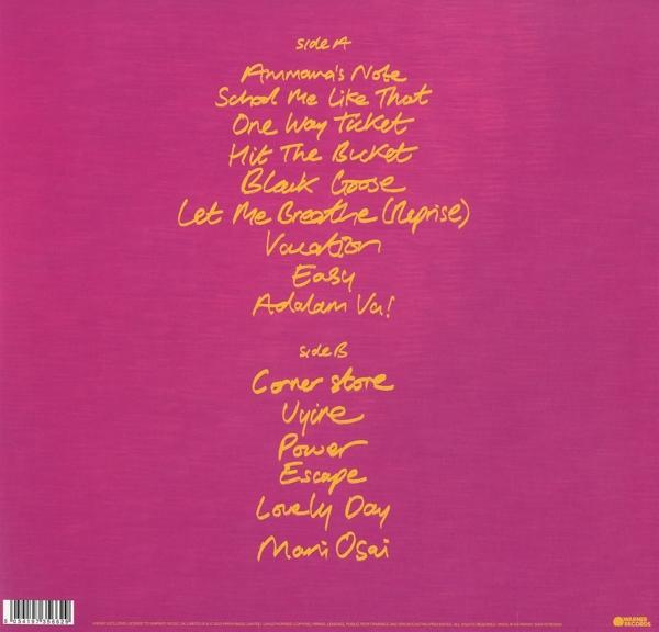 Songtitel auf pinkem Hintergrund: 'Ammana's Note', 'One Way Ticket' und 'Lovely Day'.