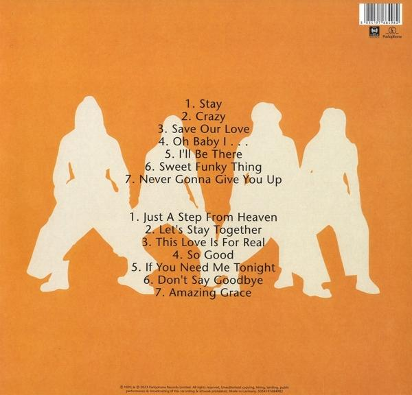 Albumcover mit weißen Silhouetten von Musikern auf orangem Hintergrund, Titelliste.