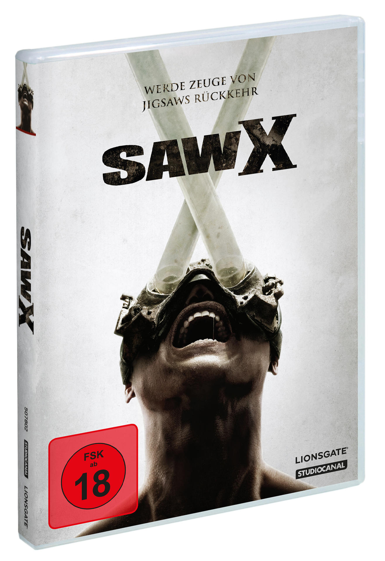 SAW X DVD-Hülle, die eine Person mit Maske und Schläuchen im Mund und das Saw X-Logo zeigt.