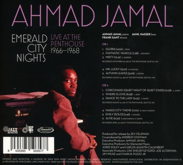 Albumcover mit Ahmad Jamal, Emerald City Nights 1966-1968 und Trackliste.