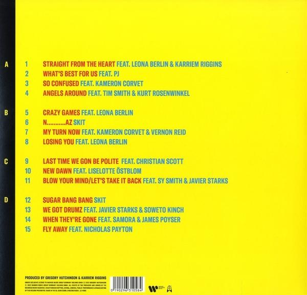 Die Rückseite eines Musikalbums mit Titellisten.