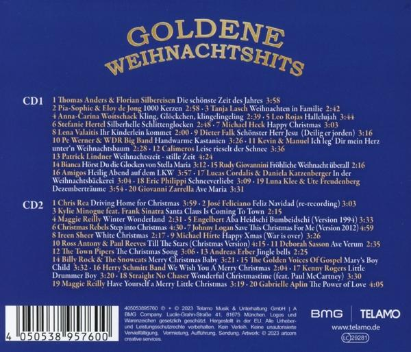Albumcover mit Titellisten. Goldener Text auf blauem Hintergrund. Mehrere CD-Titellisten sind sichtbar.