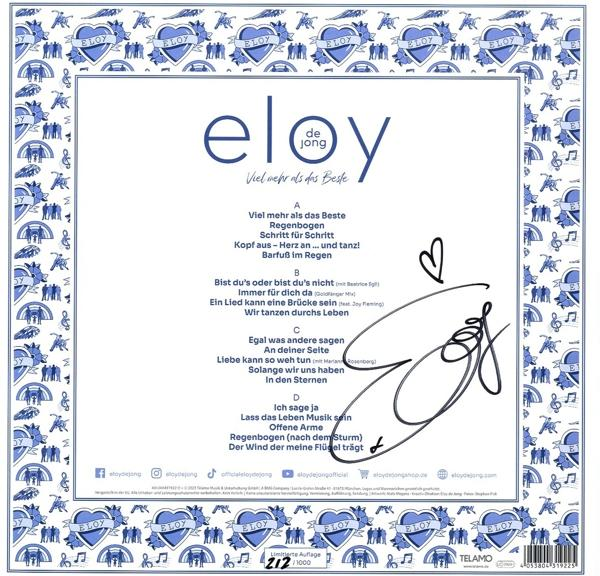 Albumcover mit Text, Herzen und einem blau-weißen Design.