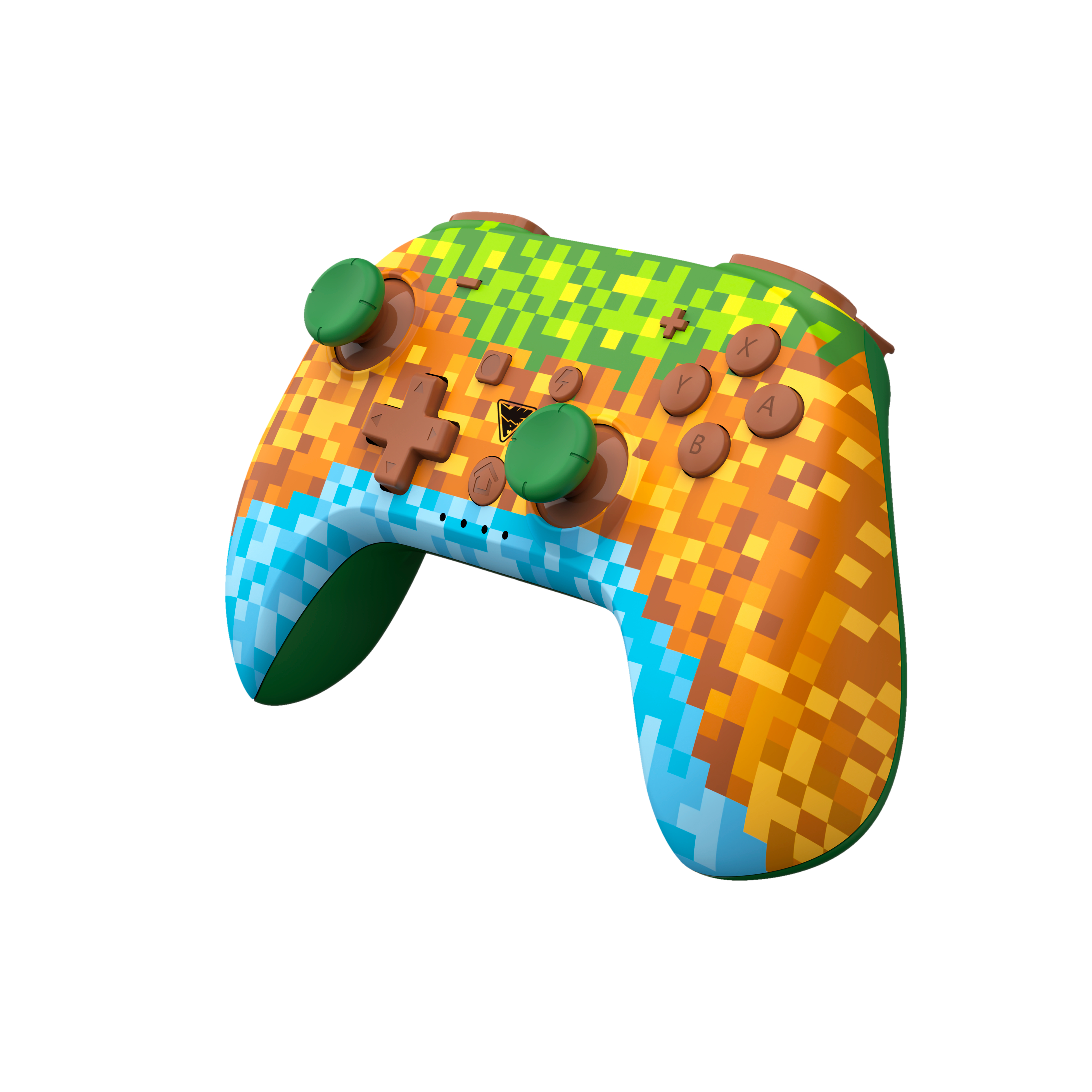 Verpixelter, farbenfroher Gamecontroller mit grünen und braunen Knöpfen.