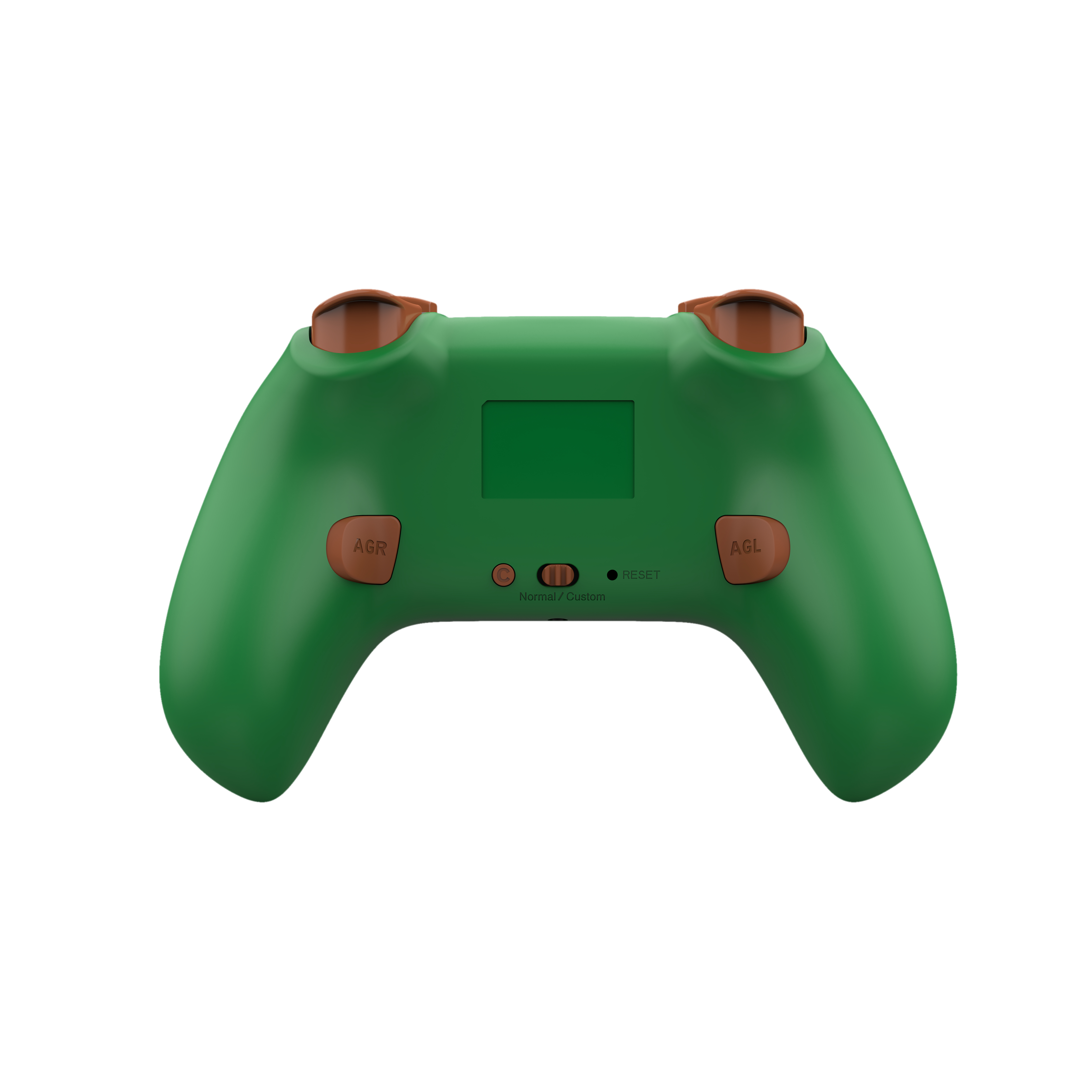 Grüner Gamecontroller mit Knöpfen, Bildschirm und braunen Knöpfen.