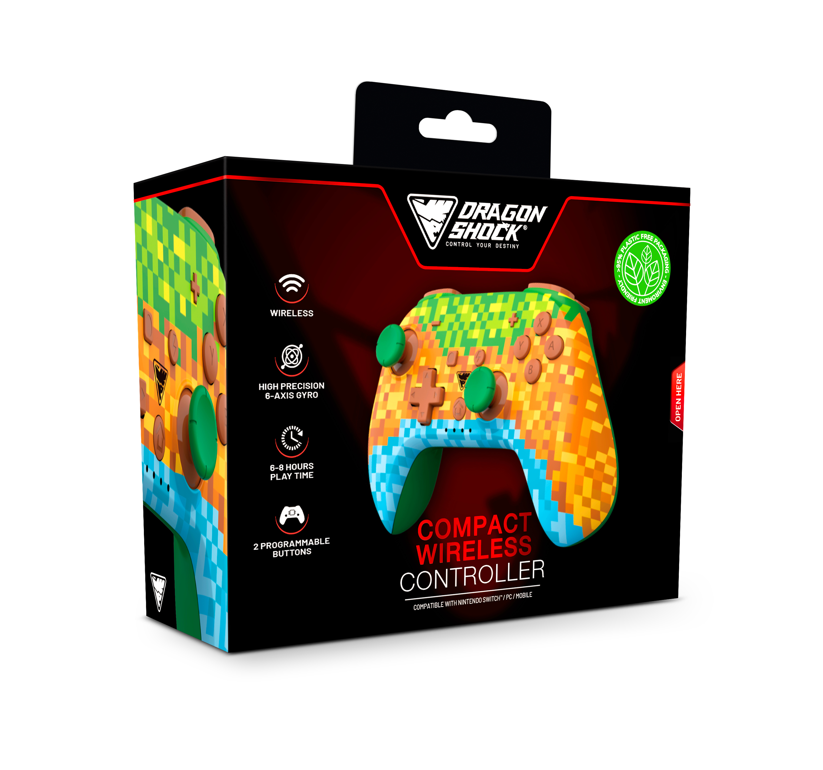 Bunter Videospiel-Controller in einer Box. Mit pixeligem Design in Blau und Grün.