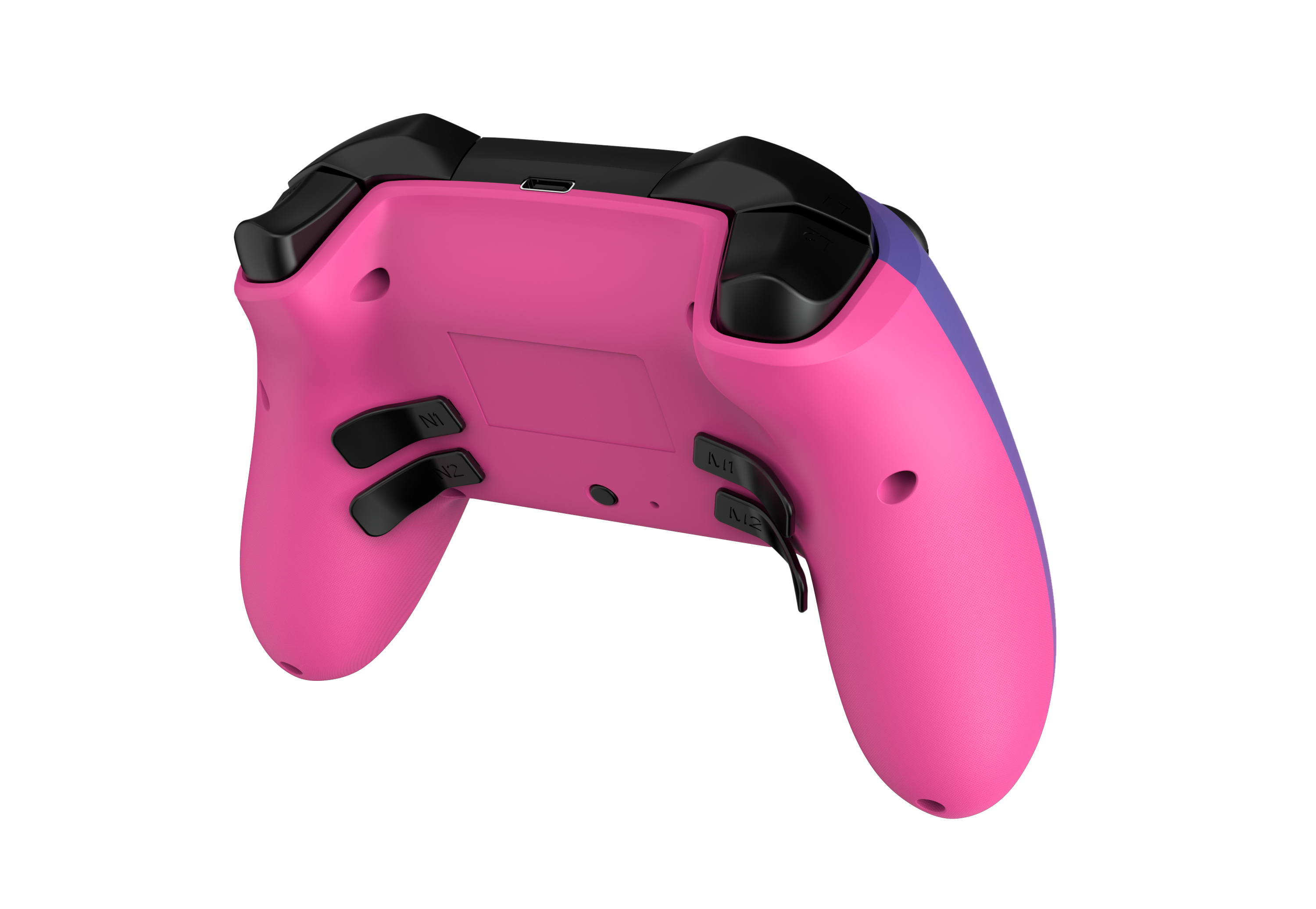 Pink-violetter Gaming-Controller, Rückansicht. Mit Tasten und Triggern, mit einem USB-Anschluss.
