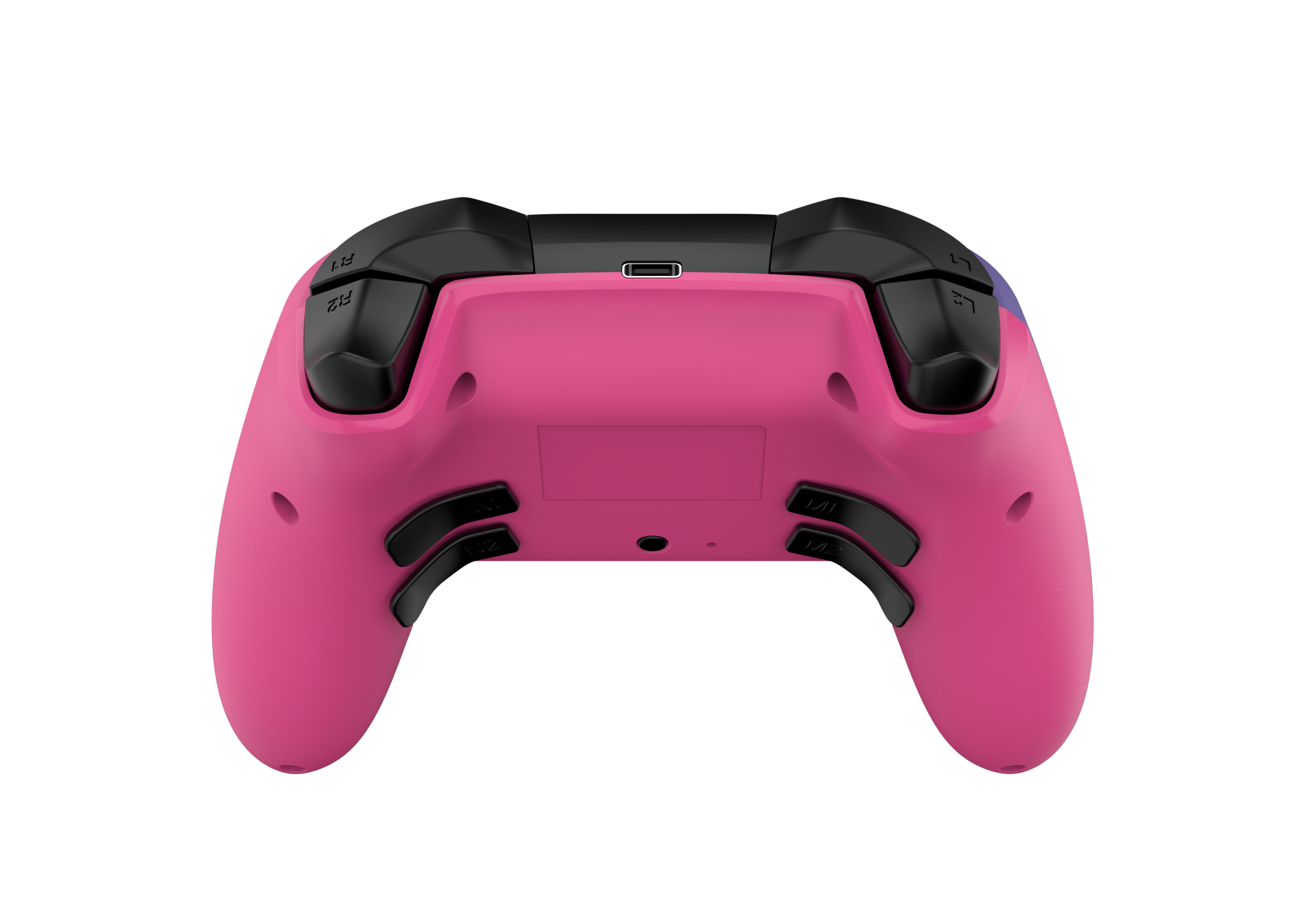 Ein rosa Gamecontroller von hinten betrachtet.