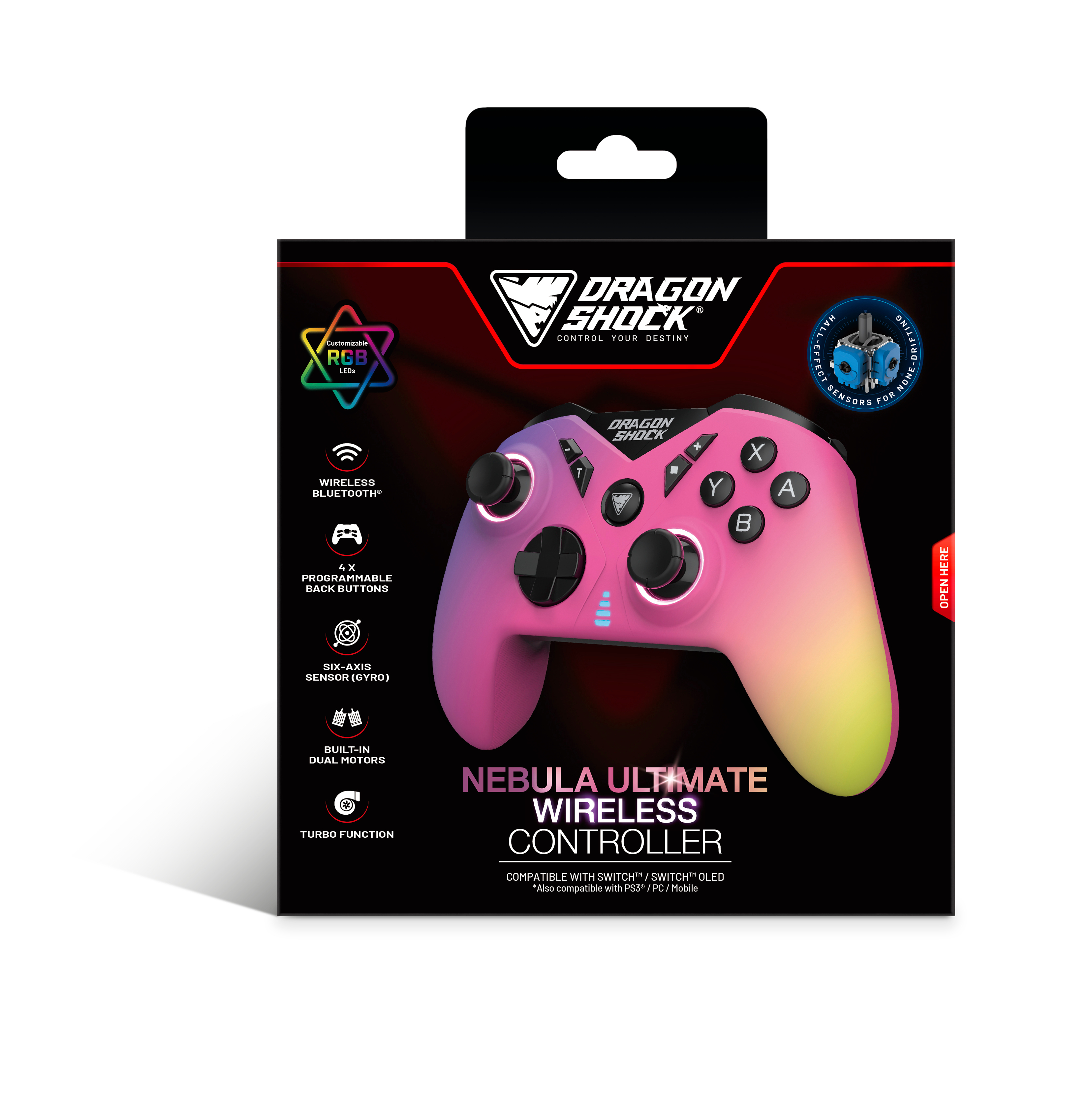 Kabelloser Controller in einer Box mit verschiedenen Symbolen und Text.