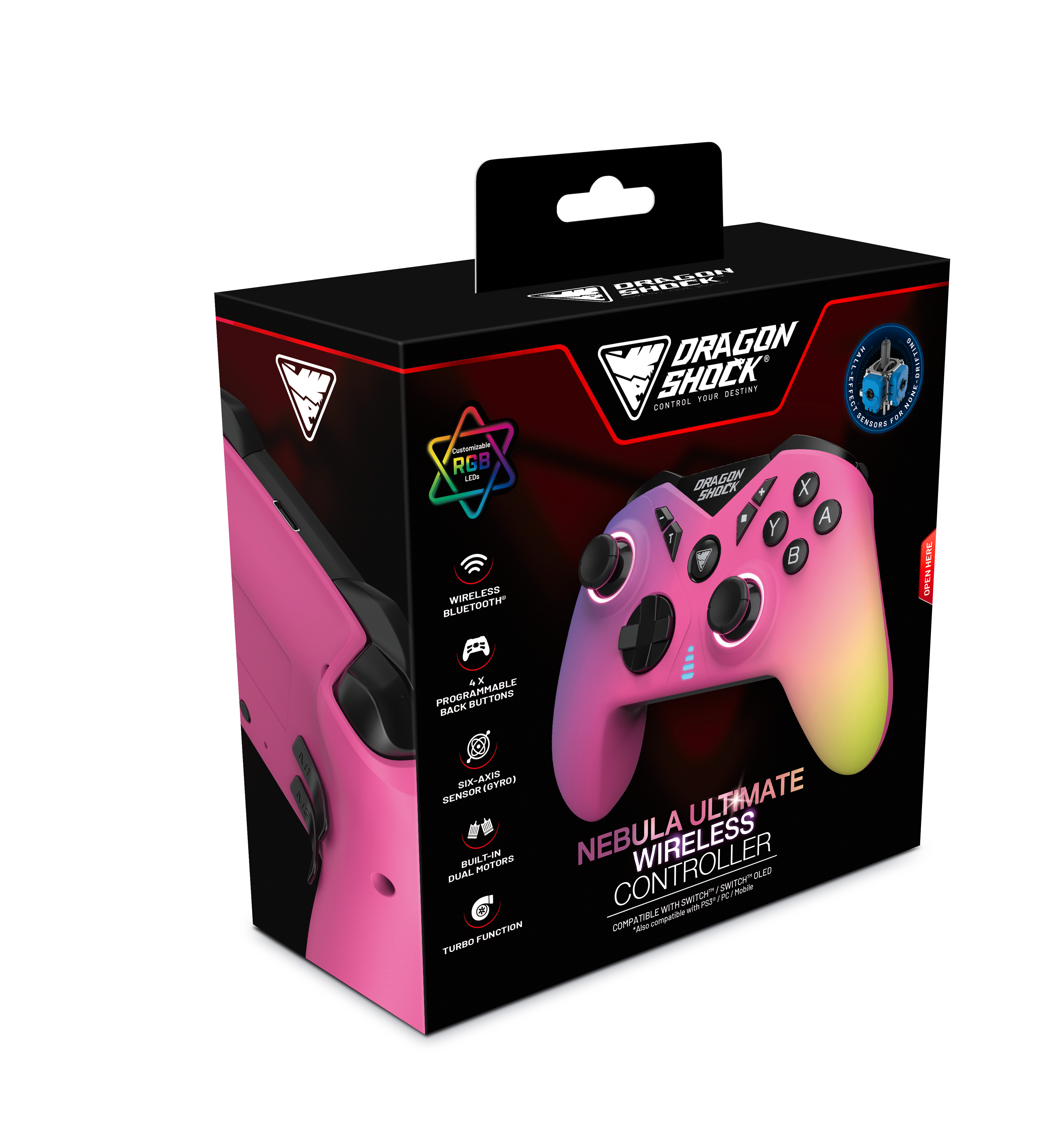 Spielcontroller-Box. Schwarz mit pink-gelbem Farbverlauf-Controller-Bild.