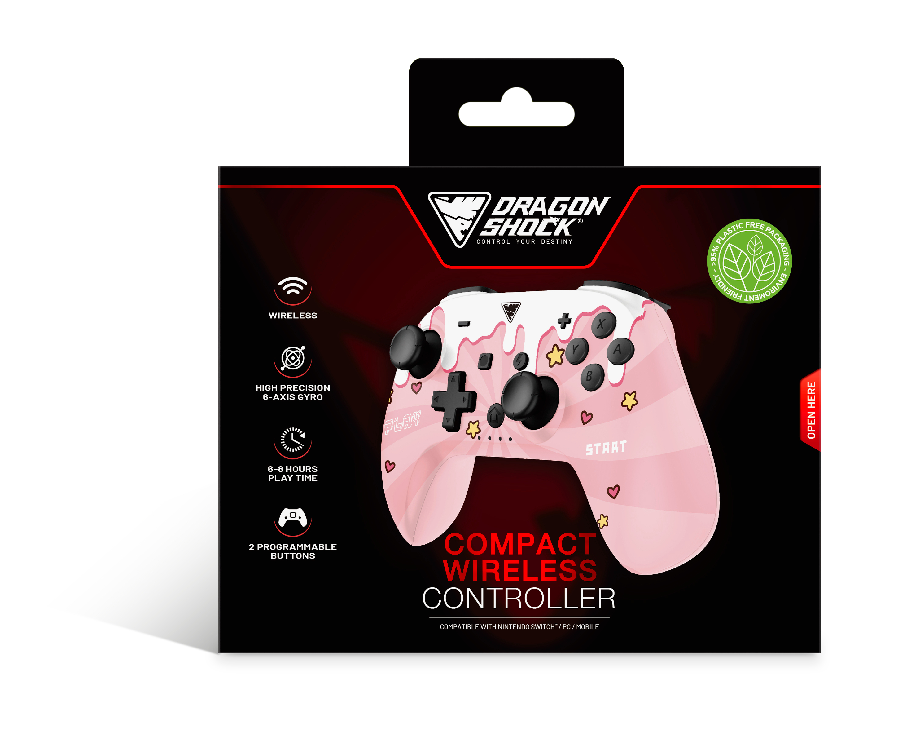 Drahtloser Controller in Rosa und Weiß in einer schwarzen Box.