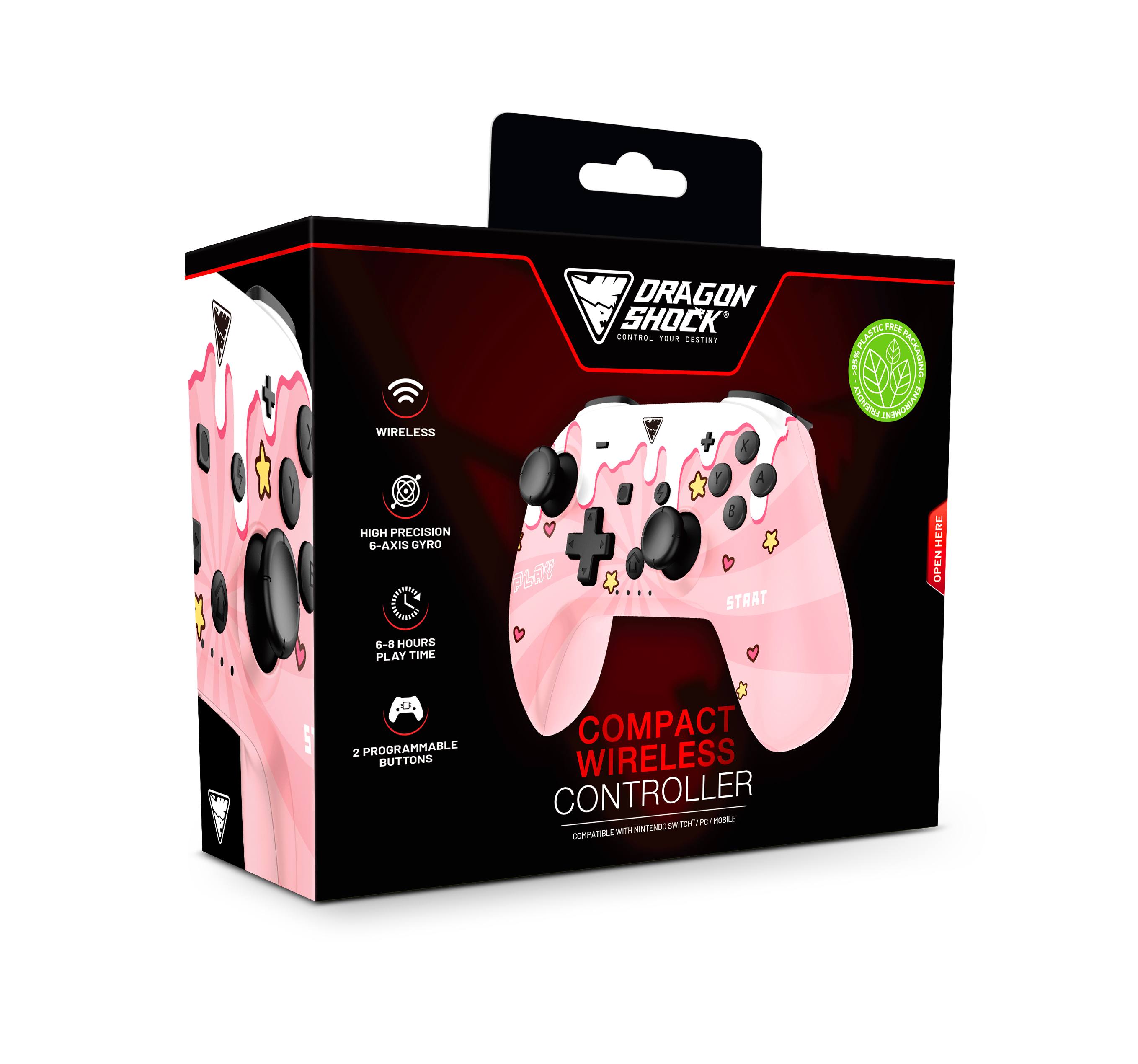 Pinke Dragon Shock Wireless-Controller-Box. Merkmale sind Wireless, 6-Achsen-Gyro, 6-8 Stunden Spielzeit und 2 programmierbare Tasten.