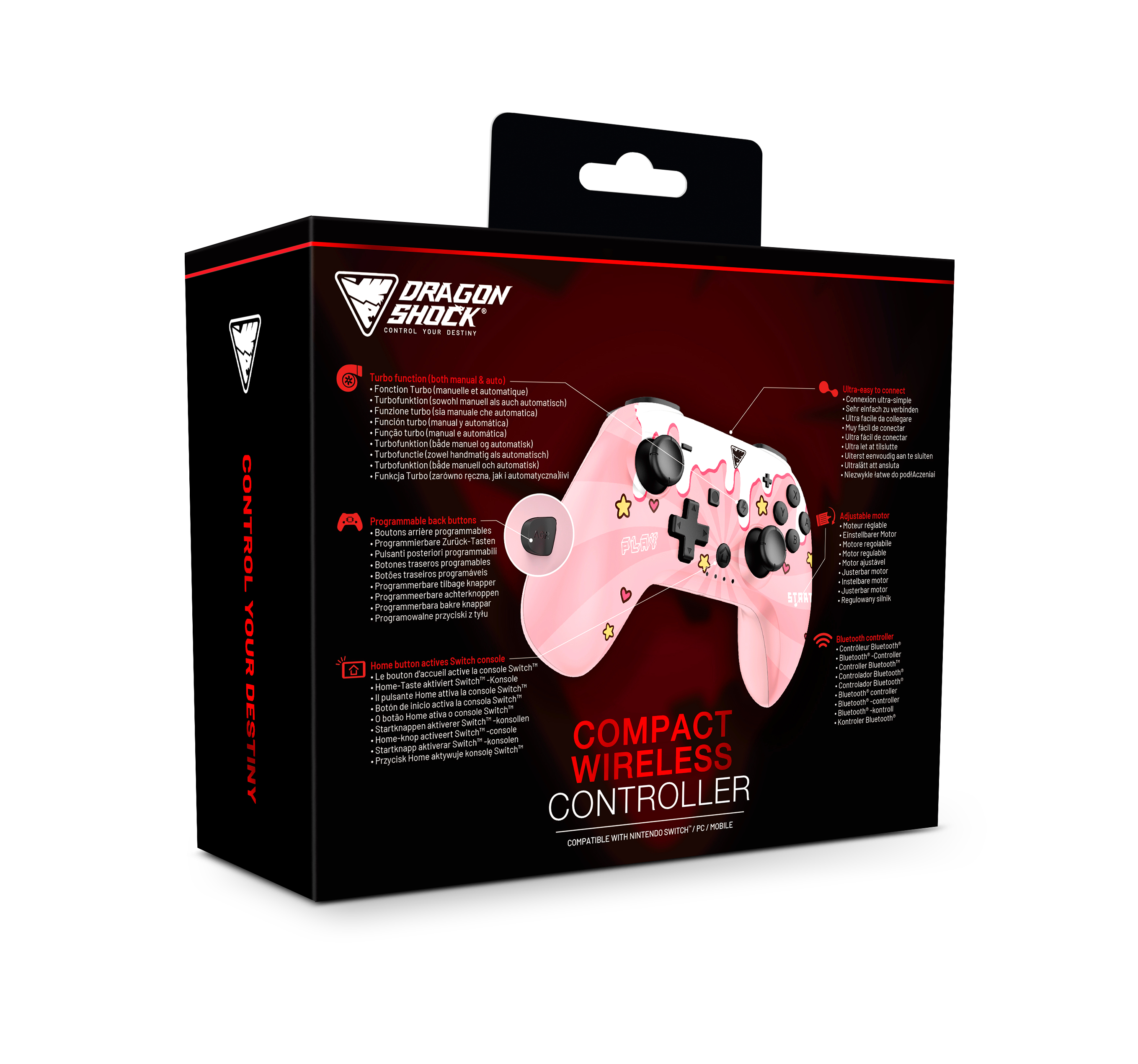 Ein rosa kabelloser Controller für Nintendo Switch/PC/Mobile, in einer Box.