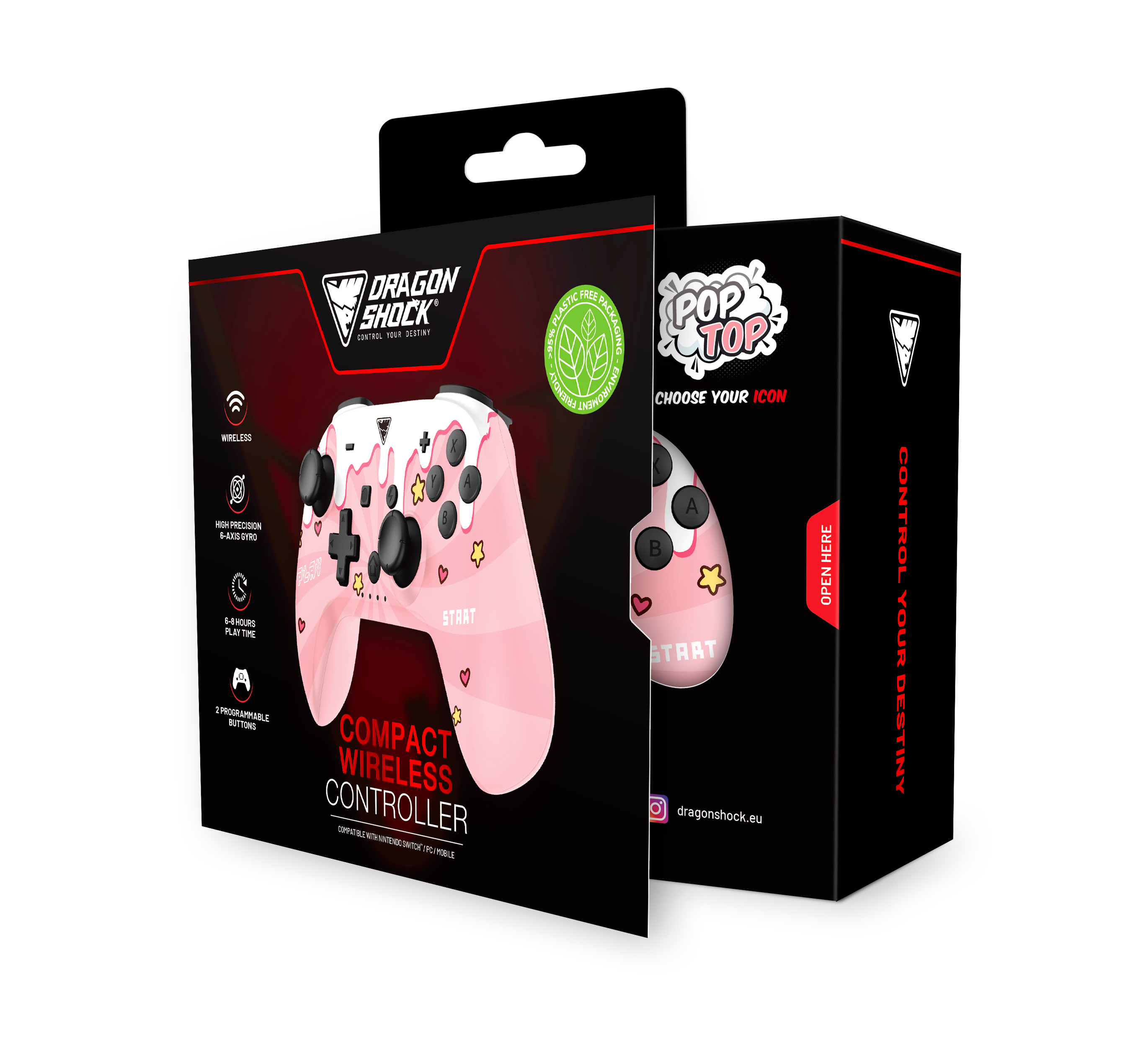Ein rosa-weißer kabelloser Controller in einer Box, mit Text: Kompakter Wireless Controller.