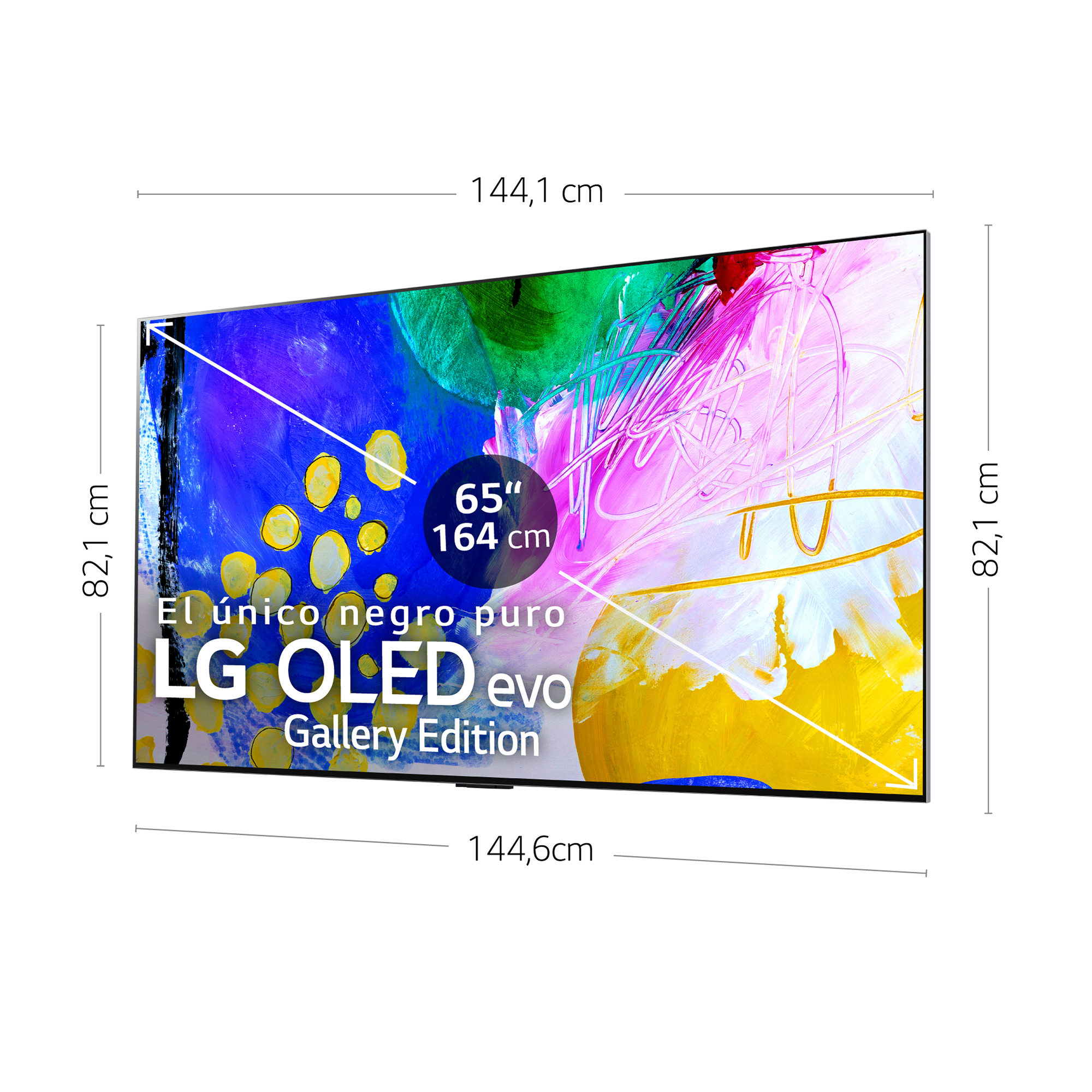 Un televisor LG OLED con una exhibición de arte colorida, que muestra una vista de cerca de la pantalla y sus dimensiones.