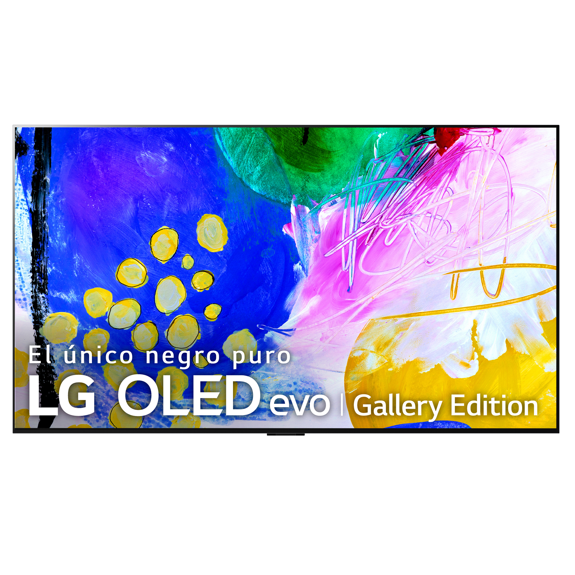 Un gran televisor LG OLED evo Gallery Edition que muestra arte abstracto colorido.