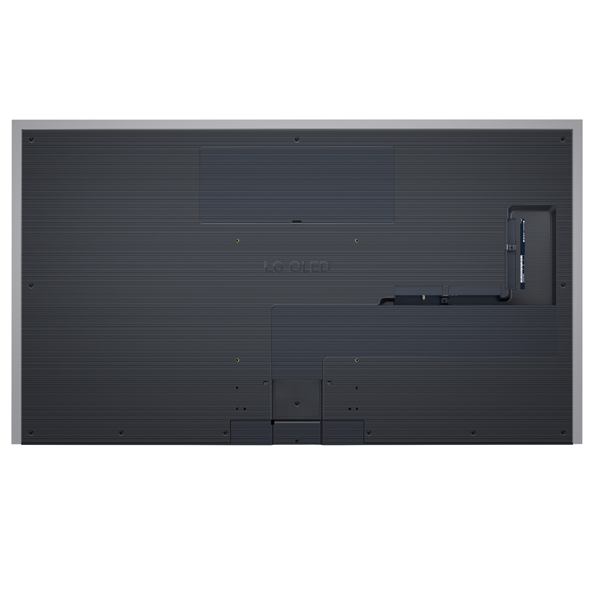 Parte trasera de un televisor LG OLED grande con puertos de entrada y superficie texturizada.