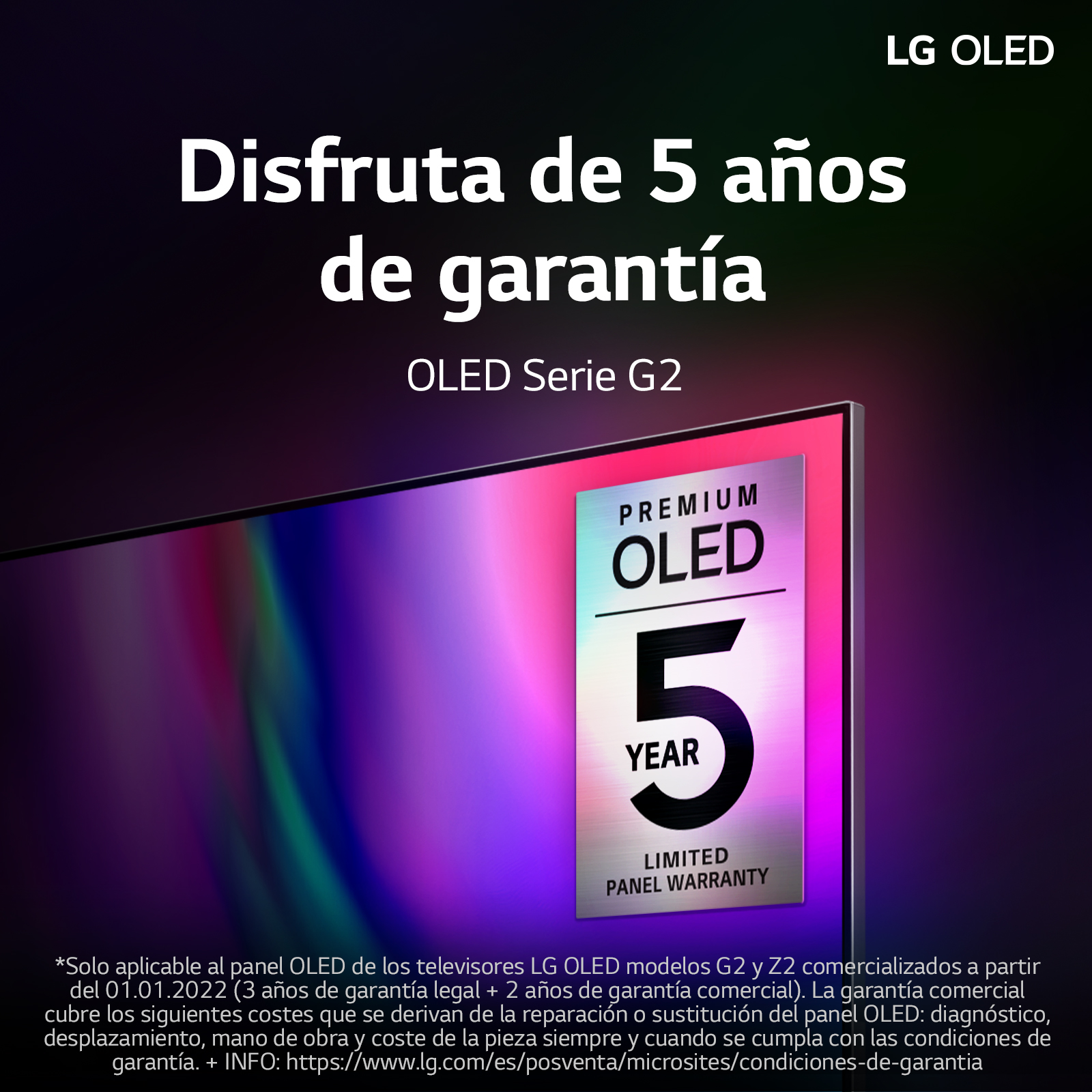 TV OLED LG con una pegatina de garantía de 5 años. El fondo es oscuro con texto.