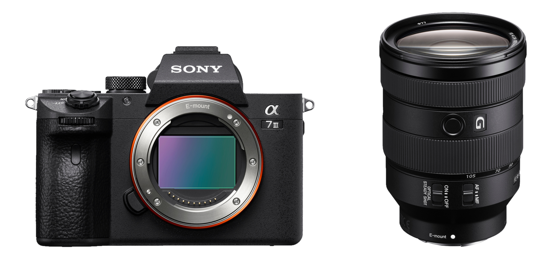Appareil photo et objectif Sony Alpha 7 III. Appareil photo noir avec objectif, fond noir.