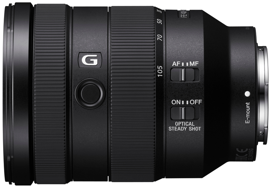 Un objectif d'appareil photo noir avec des commandes de mise au point et de zoom. Il a le logo Sony.