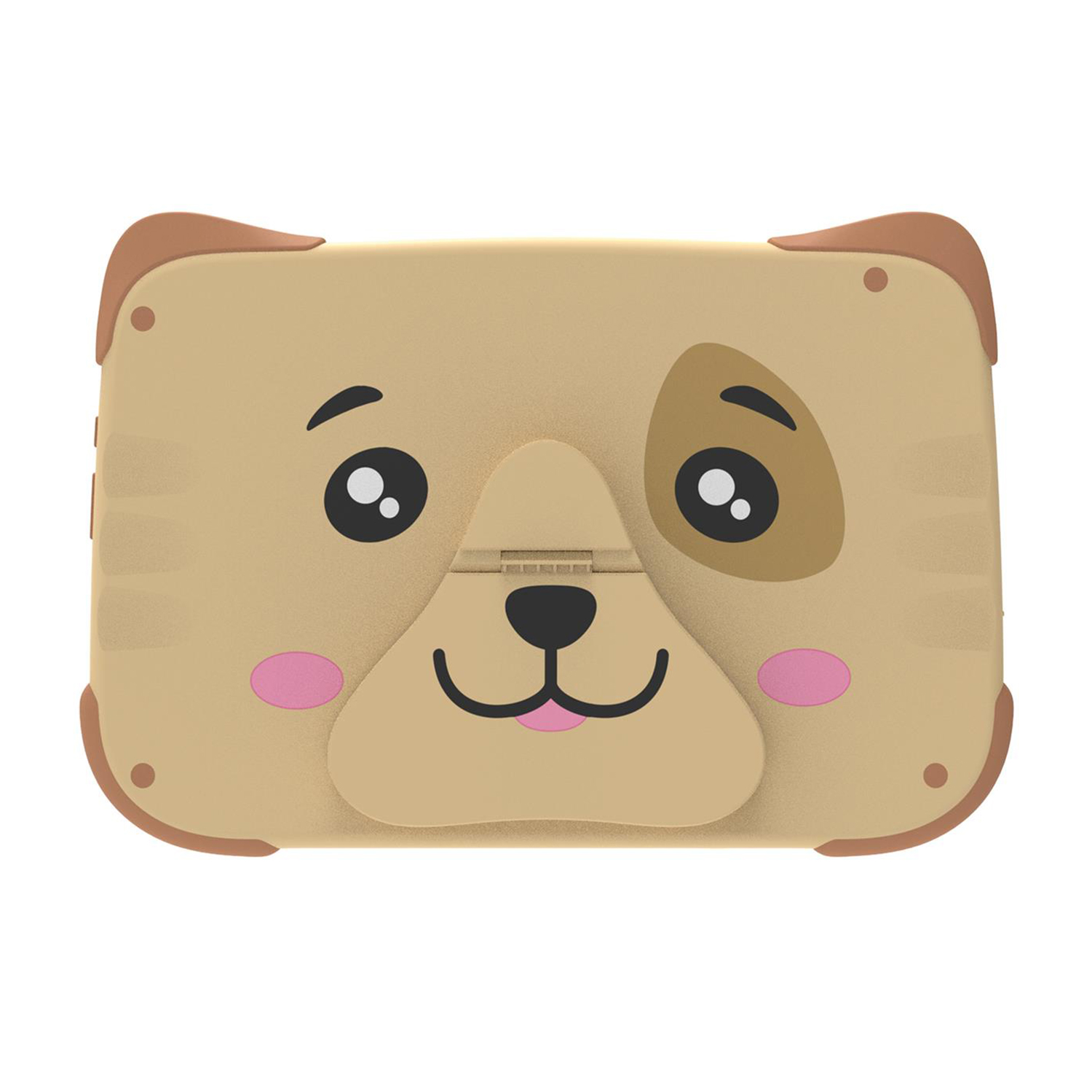 Tablet a forma di cane, carino, nei colori beige e marrone, con volto a cartone animato e guance rosa.