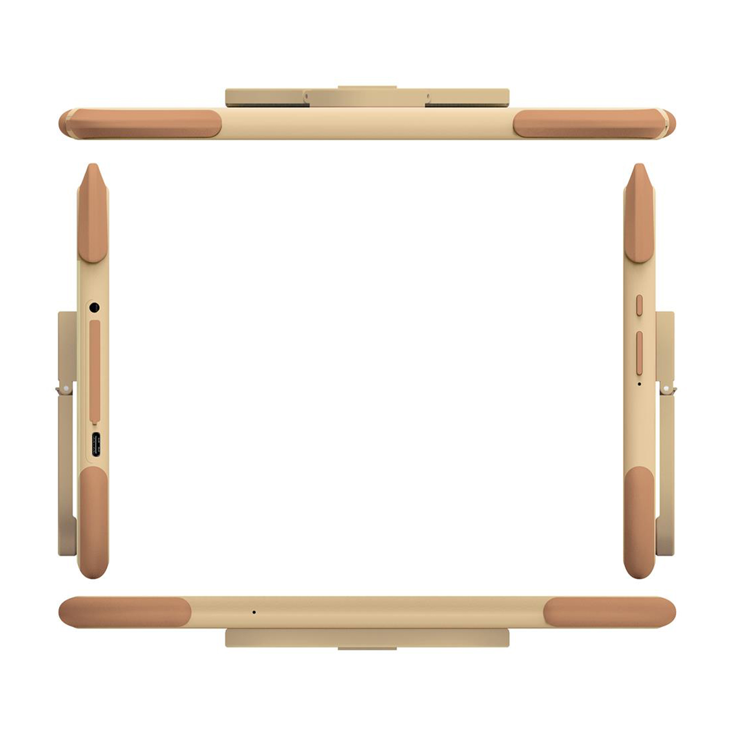 Custodia per tablet beige con bordi marroni, quattro viste. Sfondo bianco.